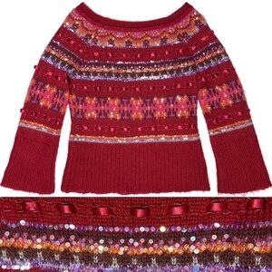 Moda International Mohair Red Fair Isle Beaded Ribbon Flare Slve Knit Sweater M